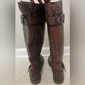Steve Madden Inspired Brown Boots with Red-Lined Zipper and Stud Embellishments